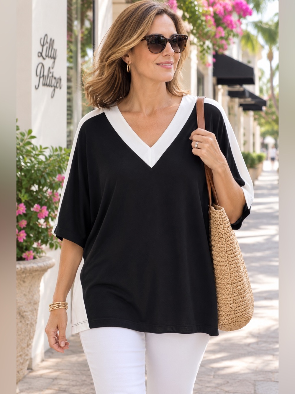 Chico's Black White Colorblock V-Neck Dolman Sleeve Top Women's Size 0 Small